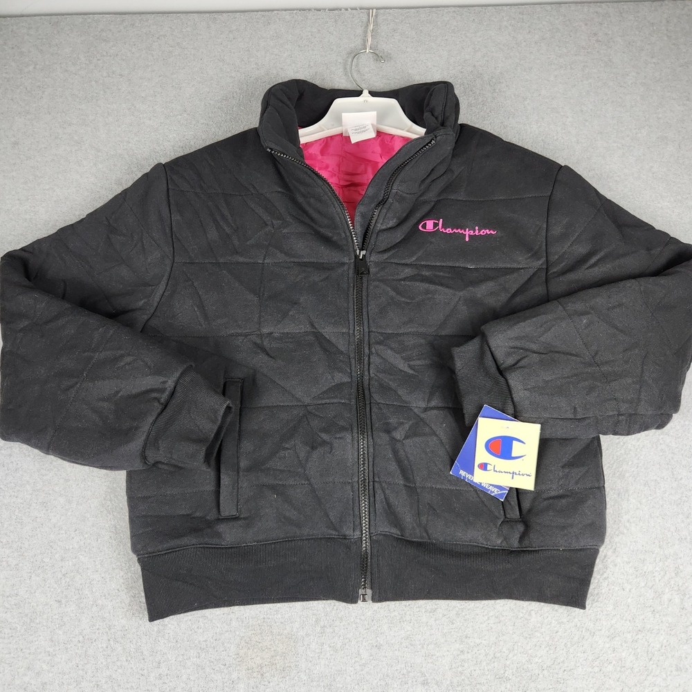 Champion Reverse Weave Jacket Womens Large Black Cotton Quilted Full Zip Winter